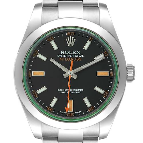 The image shows a front view of the Rolex Milgauss 116400V Men's Stainless Steel Black Dial 116400V Men's Stainless Steel Black Dial watch, featuring its dial, hour markers, and part of the stainless steel bracelet.