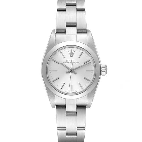 This image shows a front view of a Rolex Oyster Perpetual 76080 Women's Stainless Steel Silver Dial 76080 Women's Stainless Steel Silver Dial watch, displaying the dial, bezel, and bracelet.