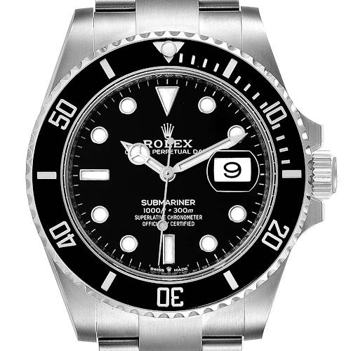 This is a front view of a Rolex Submariner 126610 Men's Stainless Steel Black Dial 126610 Men's Stainless Steel Black Dial watch showing the dial, bezel, and part of the bracelet.