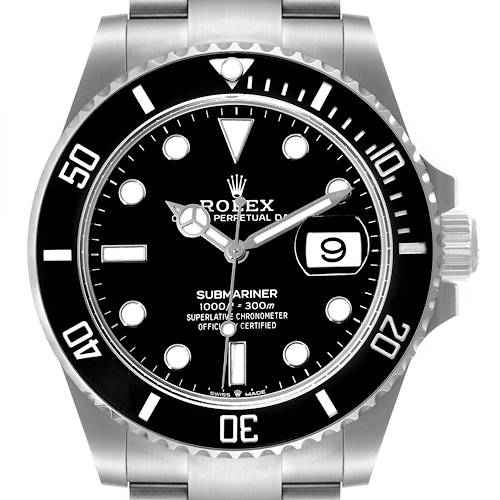 This image shows a front view of the Rolex Submariner 126610 Men's Stainless Steel Black Dial 126610 Men's Stainless Steel Black Dial watch, displaying its face, bezel, hands, and winder.