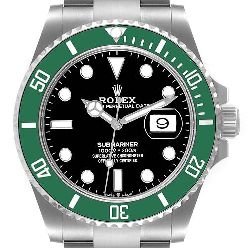 This image shows a Rolex Submariner 126610LV Men's Stainless Steel Black Dial 126610LV Men's Stainless Steel Black Dial watch from a straight-on angle, highlighting its green bezel, black dial, and date window.