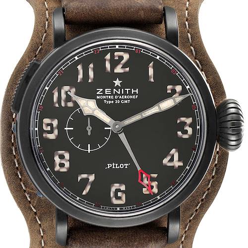 This image shows a front view of the Zenith Pilot 96.2431.693/21.C738 Men's Titanium Black Dial 96.2431.693/21.C738 Men's Titanium Black Dial model watch, highlighting the dial, hands, and part of the leather strap.