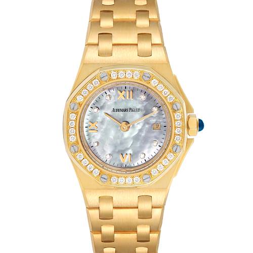 This image shows a front view of an Audemars Piguet Royal Oak Offshore 67151BA.ZZ.1108BA.01 Women's Yellow Gold Mother of Pearl Dial 67151BA.ZZ.1108BA.01 Women's Yellow Gold Mother of Pearl Dial watch with a gold bracelet and diamond-encrusted bezel.
