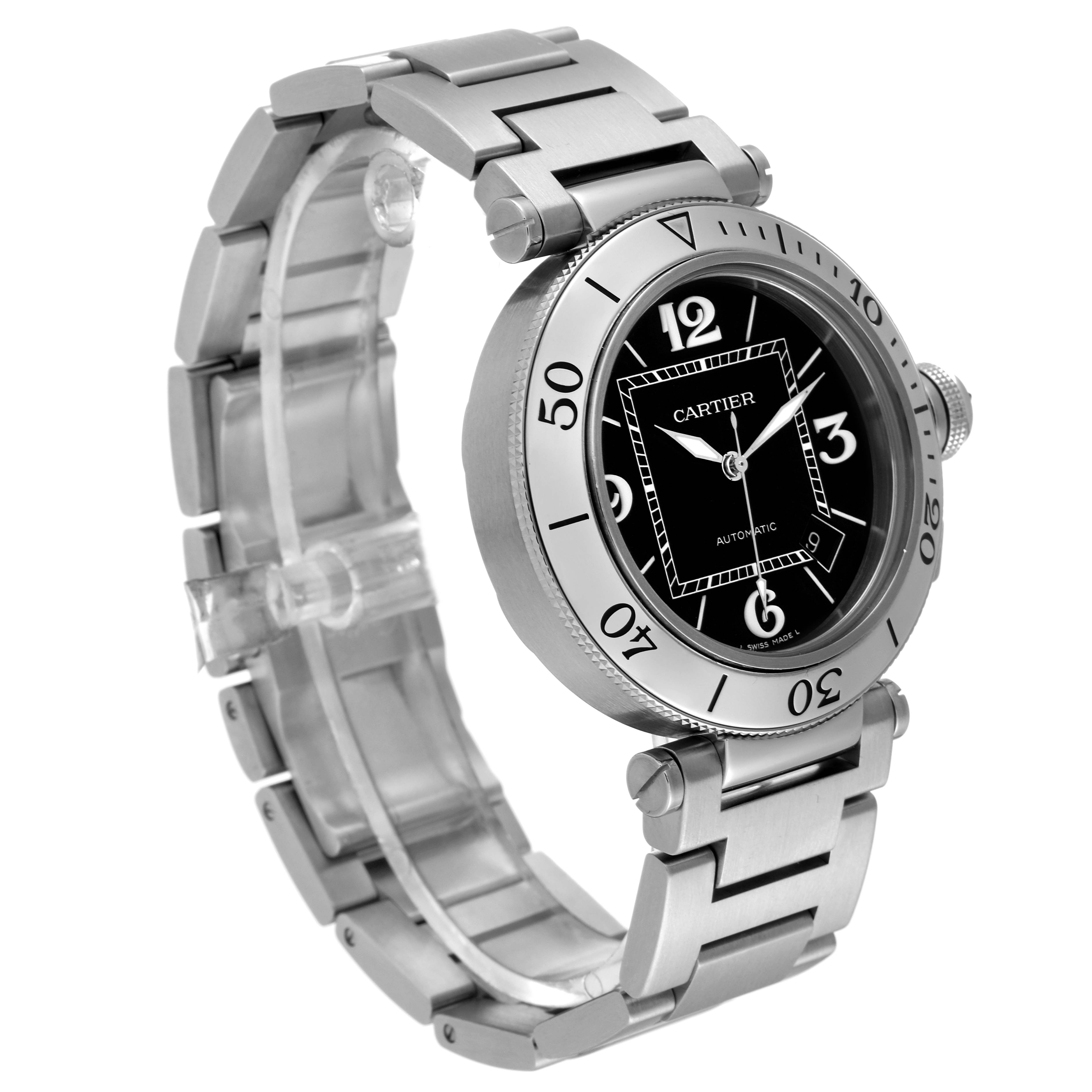 The Cartier Pasha W31077M7 Men's Stainless Steel Black Dial W31077M7 Men's Stainless Steel Black Dial watch is shown at a three-quarter angle, displaying the face, bracelet, and side crown.