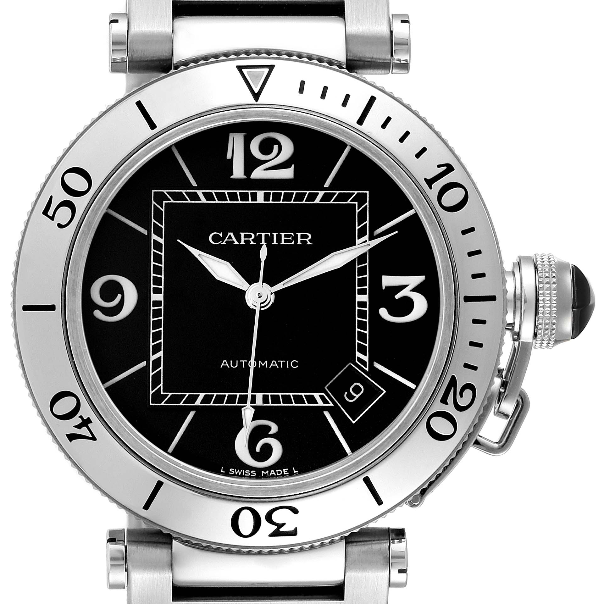 The image features a front view of a Cartier Pasha W31077M7 Men's Stainless Steel Black Dial W31077M7 Men's Stainless Steel Black Dial model watch, showcasing its dial, bezel, and crown.