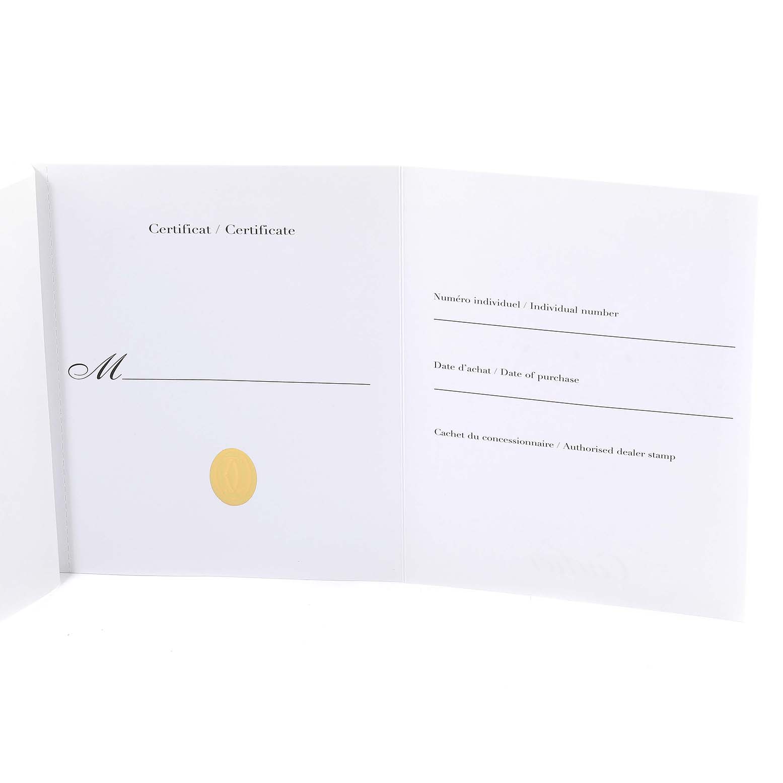 The image shows a warranty certificate for the Cartier Pasha W31077M7 Men's Stainless Steel Black Dial W31077M7 Men's Stainless Steel Black Dial watch, displayed partially open.