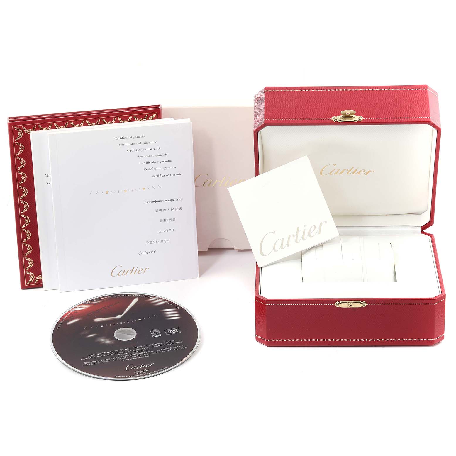 The image shows a Cartier Pasha W31077M7 Men's Stainless Steel Black Dial W31077M7 Men's Stainless Steel Black Dial model's open red watch box, warranty booklets, and a CD.