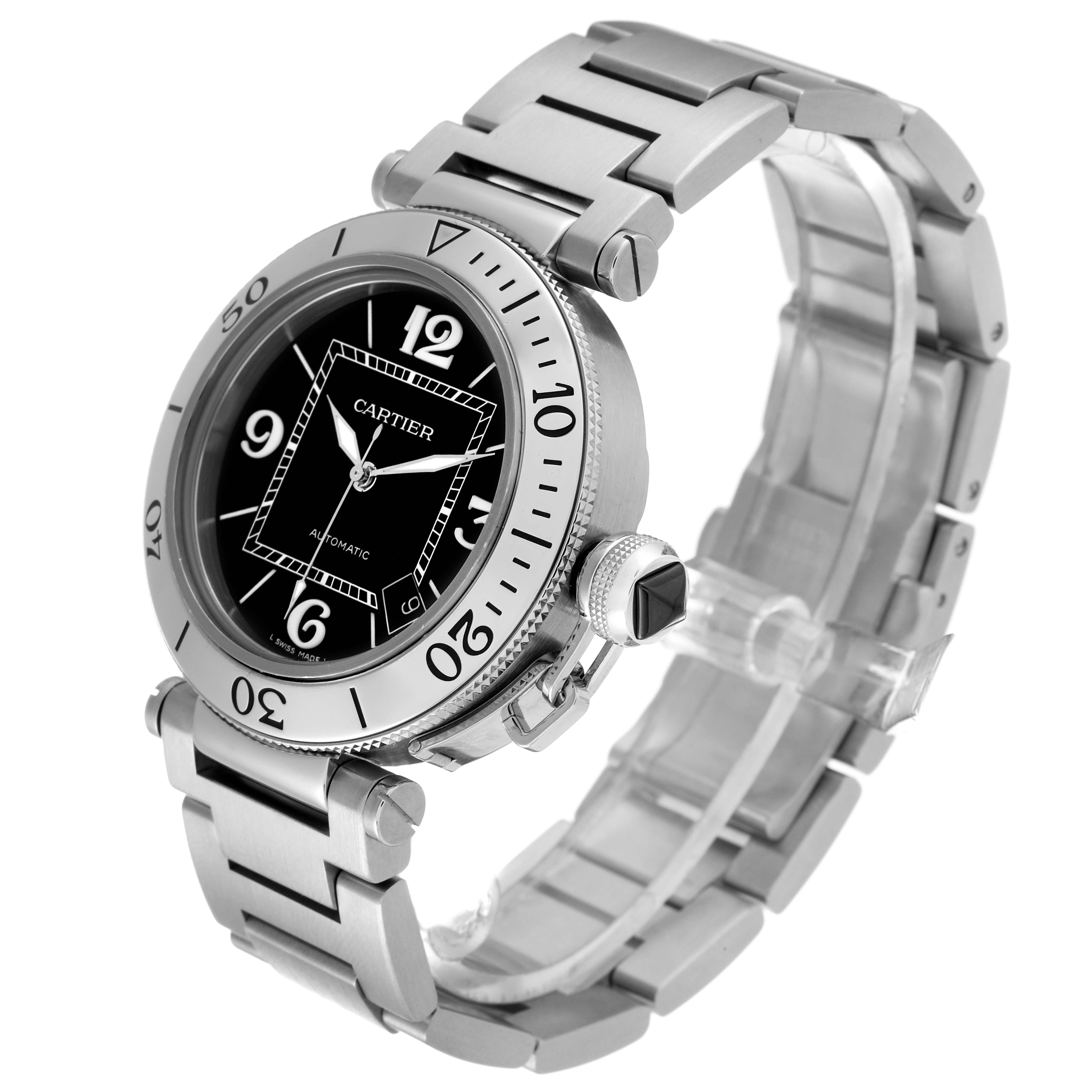 The image shows a Cartier Pasha W31077M7 Men's Stainless Steel Black Dial W31077M7 Men's Stainless Steel Black Dial watch angled from the front-left, displaying the dial, bezel, crown, and bracelet.