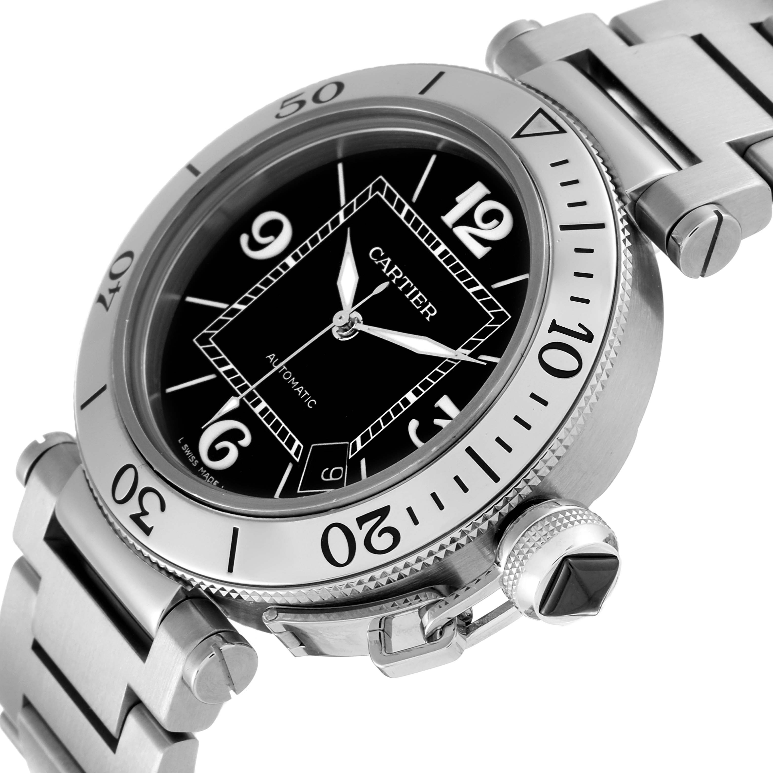 The image shows a Cartier Pasha W31077M7 Men's Stainless Steel Black Dial W31077M7 Men's Stainless Steel Black Dial watch at an angle highlighting the bezel, dial, crown, and part of the bracelet.