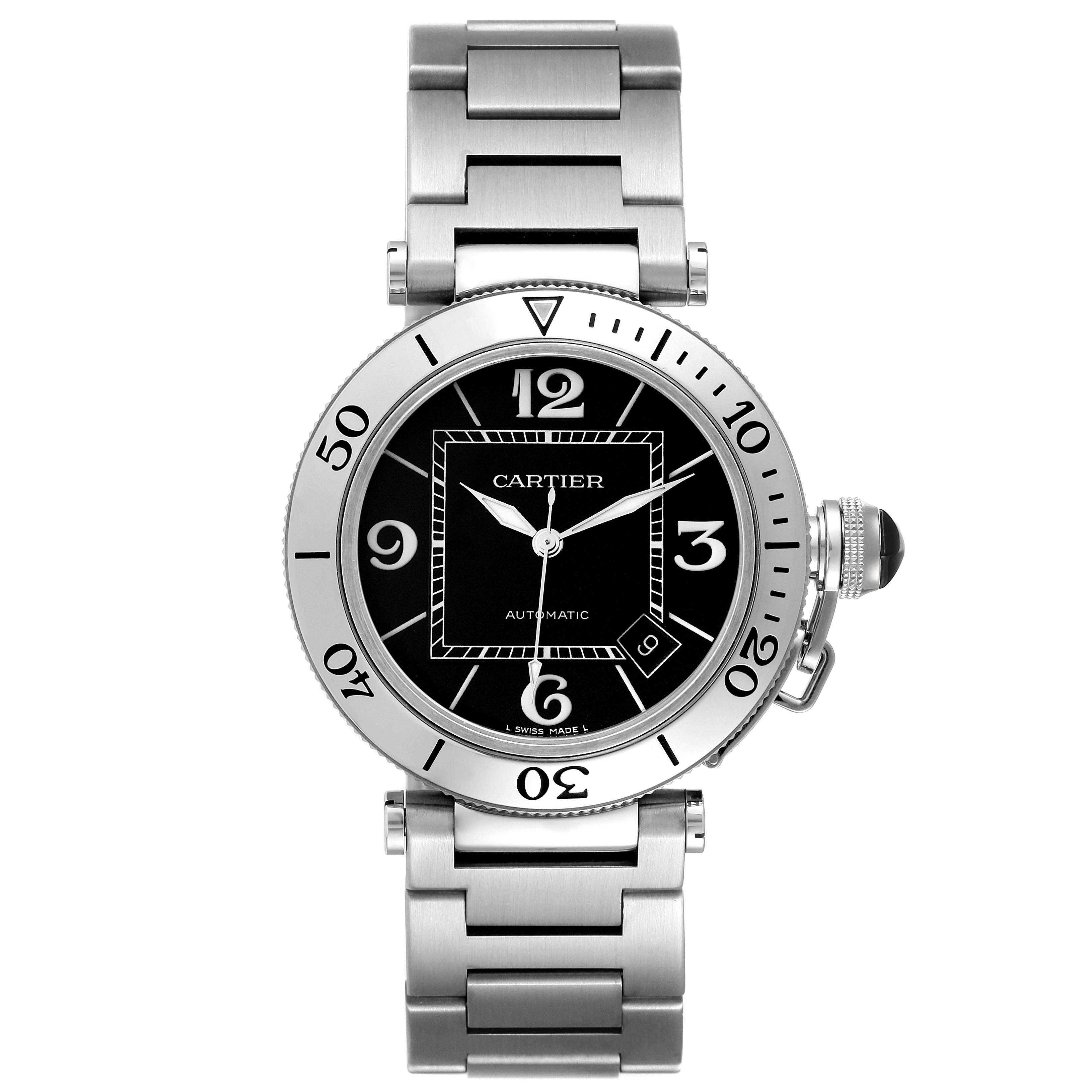 The image shows a front view of the Cartier Pasha W31077M7 Men's Stainless Steel Black Dial W31077M7 Men's Stainless Steel Black Dial model watch, highlighting its face, bezel, and metal bracelet.