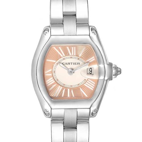 This Cartier Roadster W62054V3 Women's Stainless Steel Pink Dial W62054V3 Women's Stainless Steel Pink Dial watch is shown from the front, highlighting the watch face, bezel, and part of the metal strap.