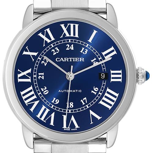 This image shows a straight-on view of the Cartier Ronde WSRN0023 Men's Stainless Steel Blue Dial WSRN0023 Men's Stainless Steel Blue Dial watch, highlighting its blue dial, Roman numerals, and date window.