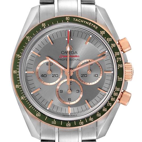 The image shows a front view of the Omega Speedmaster 522.20.42.30.06.001 Men's Stainless Steel Grey Dial 522.20.42.30.06.001 Men's Stainless Steel Grey Dial watch, highlighting the dial, subdials, and tachymeter bezel.