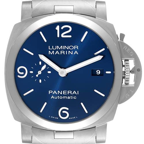 This Panerai Luminor PAM01316 Men's Stainless Steel Blue Dial PAM01316 Men's Stainless Steel Blue Dial watch is shown from a top view, highlighting its blue dial, crown guard, and metal bracelet.