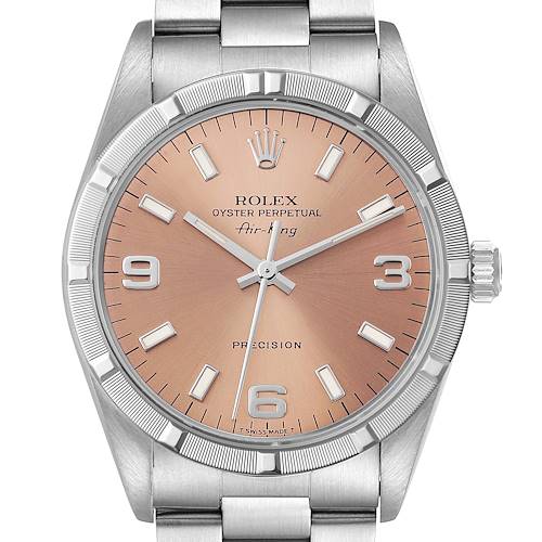 The image shows the dial and bezel of a Rolex Air-King 14010 Men's Stainless Steel Pink Dial 14010 Men's Stainless Steel Pink Dial watch from a front angle.