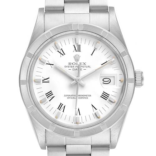 This image shows the face and bracelet of the Rolex Vintage Collection 15010 Men's Stainless Steel White Dial 15010 Men's Stainless Steel White Dial Oyster Perpetual Date watch, viewed from the front.