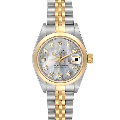 This image shows a front view of a Rolex Datejust 79163 Women's Steel and Gold (two tone) Mother of Pearl Dial 79163 Women's Steel and Gold (two tone) Mother of Pearl Dial watch featuring a two-tone silver and gold bracelet, mother-of-pearl dial, diamond hour markers, and date display.