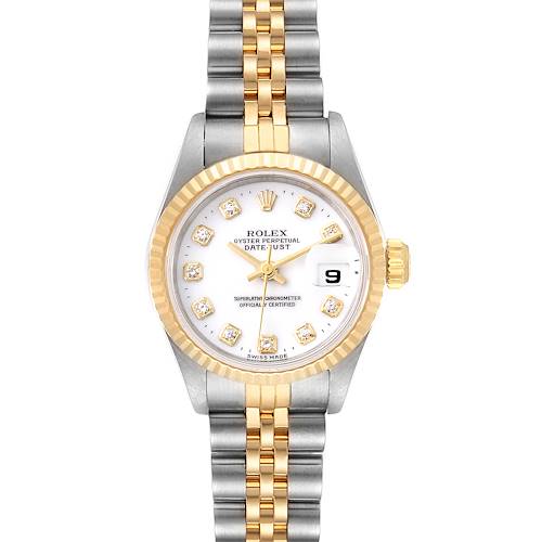 The image shows a Rolex Datejust 69173 Women's Steel and Gold (two tone) White Dial 69173 Women's Steel and Gold (two tone) White Dial watch face-on, displaying its dial, bezel, bracelet, and the date window at 3 o'clock.