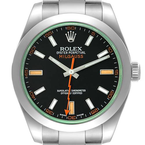 This Rolex Milgauss 116400 Men's Stainless Steel Black Dial 116400 Men's Stainless Steel Black Dial watch is shown from a top-down angle, highlighting its face, bezel, dial, and part of the strap.