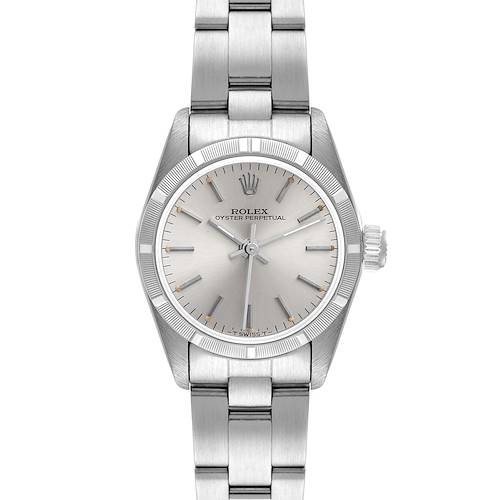 This image shows a front view of a Rolex Oyster Perpetual 67230 Women's Stainless Steel Silver Dial 67230 Women's Stainless Steel Silver Dial watch, displaying the face, bezel, case, crown, and part of the bracelet.