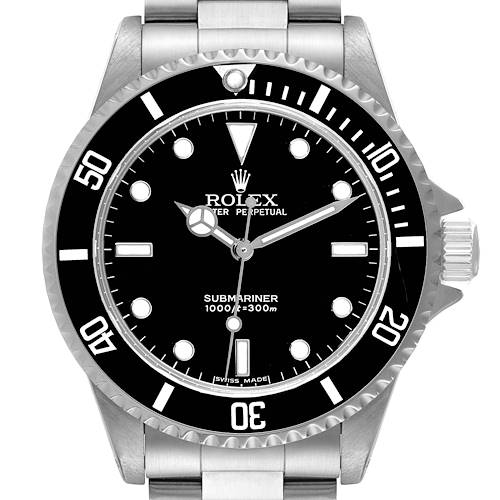 The image shows a front view of a Rolex Submariner 14060 Men's Stainless Steel Black Dial 14060 Men's Stainless Steel Black Dial watch, highlighting its black dial, bezel, and stainless steel bracelet.