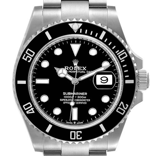 The image shows a front view of the Rolex Submariner 126610 Men's Stainless Steel Black Dial 126610 Men's Stainless Steel Black Dial watch, highlighting the dial, bezel, and bracelet.