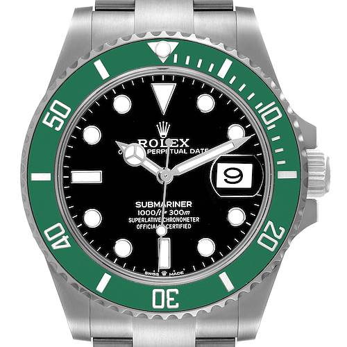This image shows a front view of a Rolex Submariner 126610LV Men's Stainless Steel Black Dial 126610LV Men's Stainless Steel Black Dial watch, displaying its green bezel, black dial, and date window.