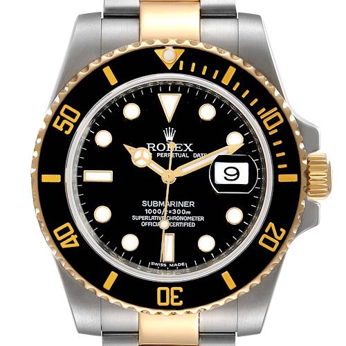 The image shows a front view of the Rolex Submariner 116613 Men's Steel and Gold (two tone) Black Dial 116613 Men's Steel and Gold (two tone) Black Dial watch, highlighting its bezel, dial, hands, and date window.