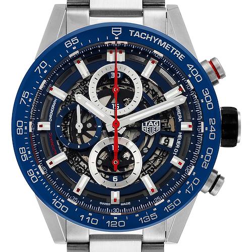 The image shows a frontal view of a Tag Heuer Carrera CAR201T Men's Stainless Steel Blue Dial CAR201T Men's Stainless Steel Blue Dial watch, featuring a blue tachymeter bezel and chronograph sub-dials. 