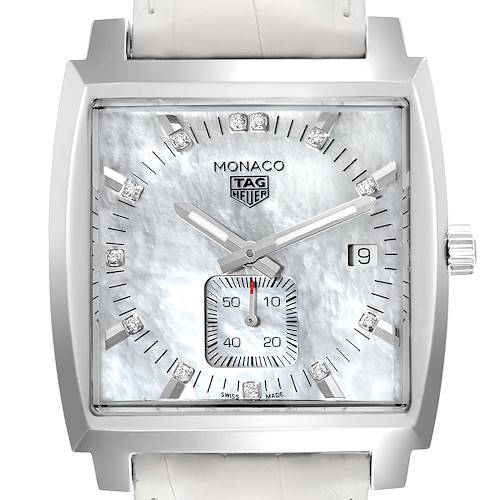The image shows a front view of the Tag Heuer Monaco WAW131B.FC6247 Women's Stainless Steel Mother of Pearl Dial WAW131B.FC6247 Women's Stainless Steel Mother of Pearl Dial watch, displaying the face, hands, sub-dial, and crown.