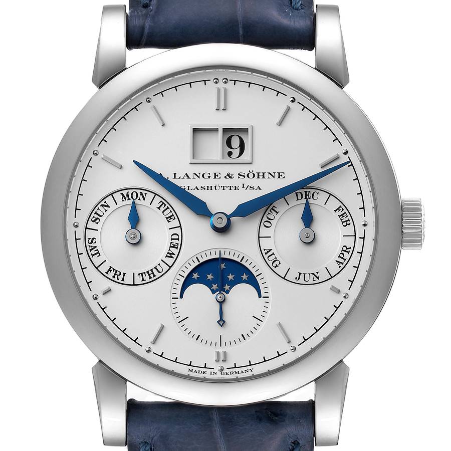 The image shows a front view of the A. Lange & Sohne Saxonia 330.026 Men's White Gold Silver Dial watch, highlighting the dial, hands, and sub-dials.