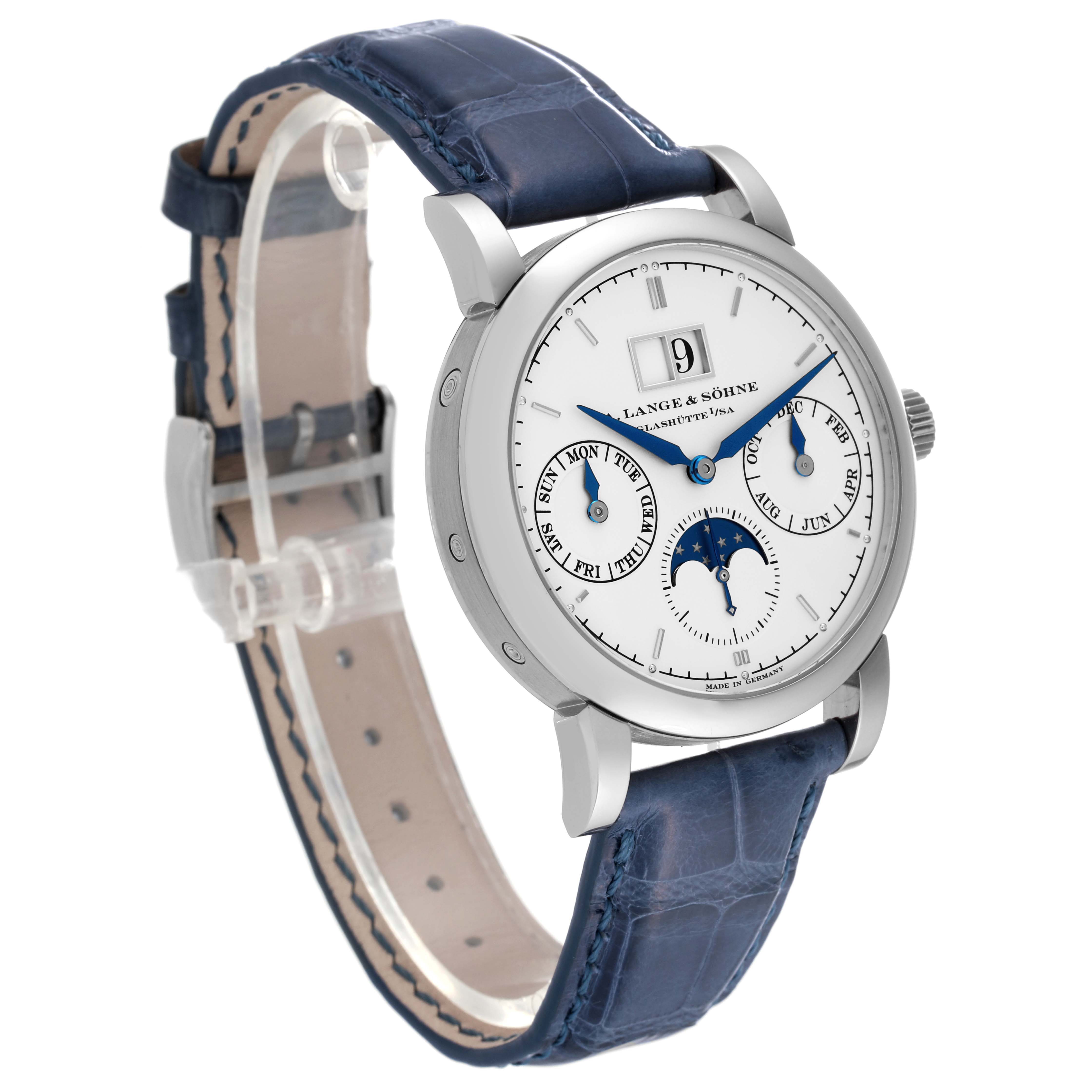 The image shows a side and partial front view of the A. Lange & Sohne Saxonia 330.026 Men's White Gold Silver Dial watch, highlighting its dial, case, and blue leather strap.