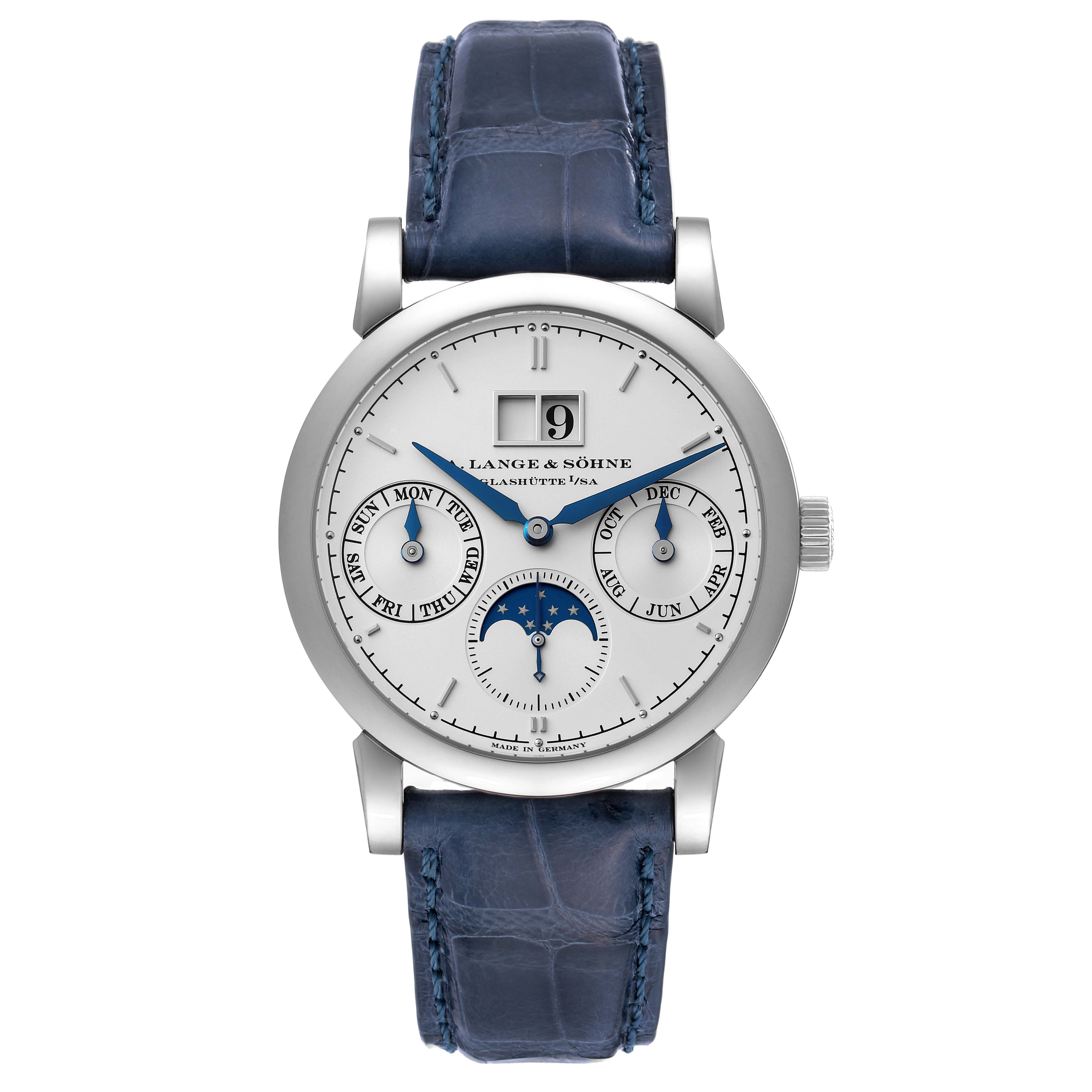 The image shows a frontal view of the A. Lange & Sohne Saxonia 330.026 Men's White Gold Silver Dial watch, highlighting its face, complications, and blue leather strap.