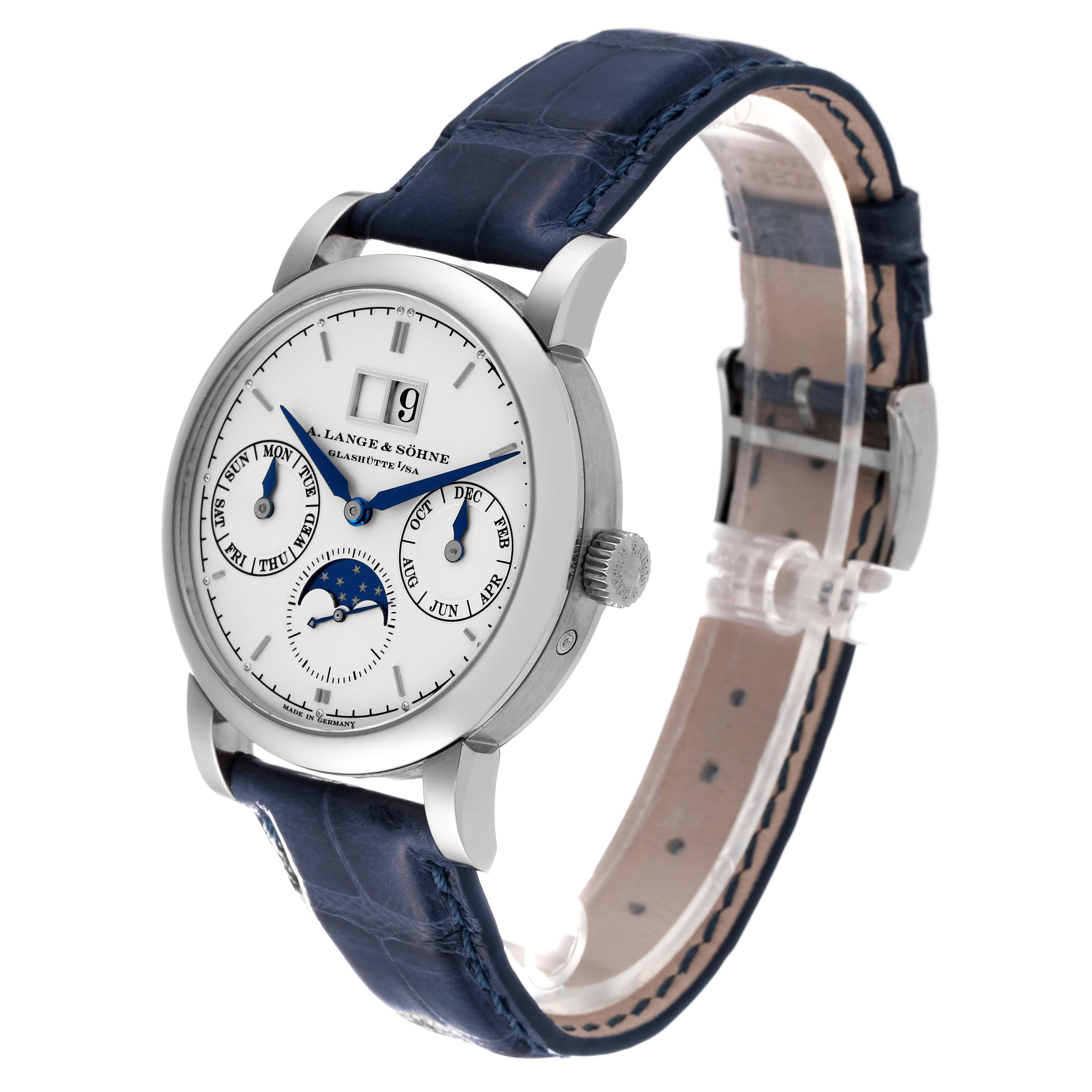 The image shows a side angle of the A. Lange & Sohne Saxonia 330.026 Men's White Gold Silver Dial watch, displaying the face, dial, strap, and crown.