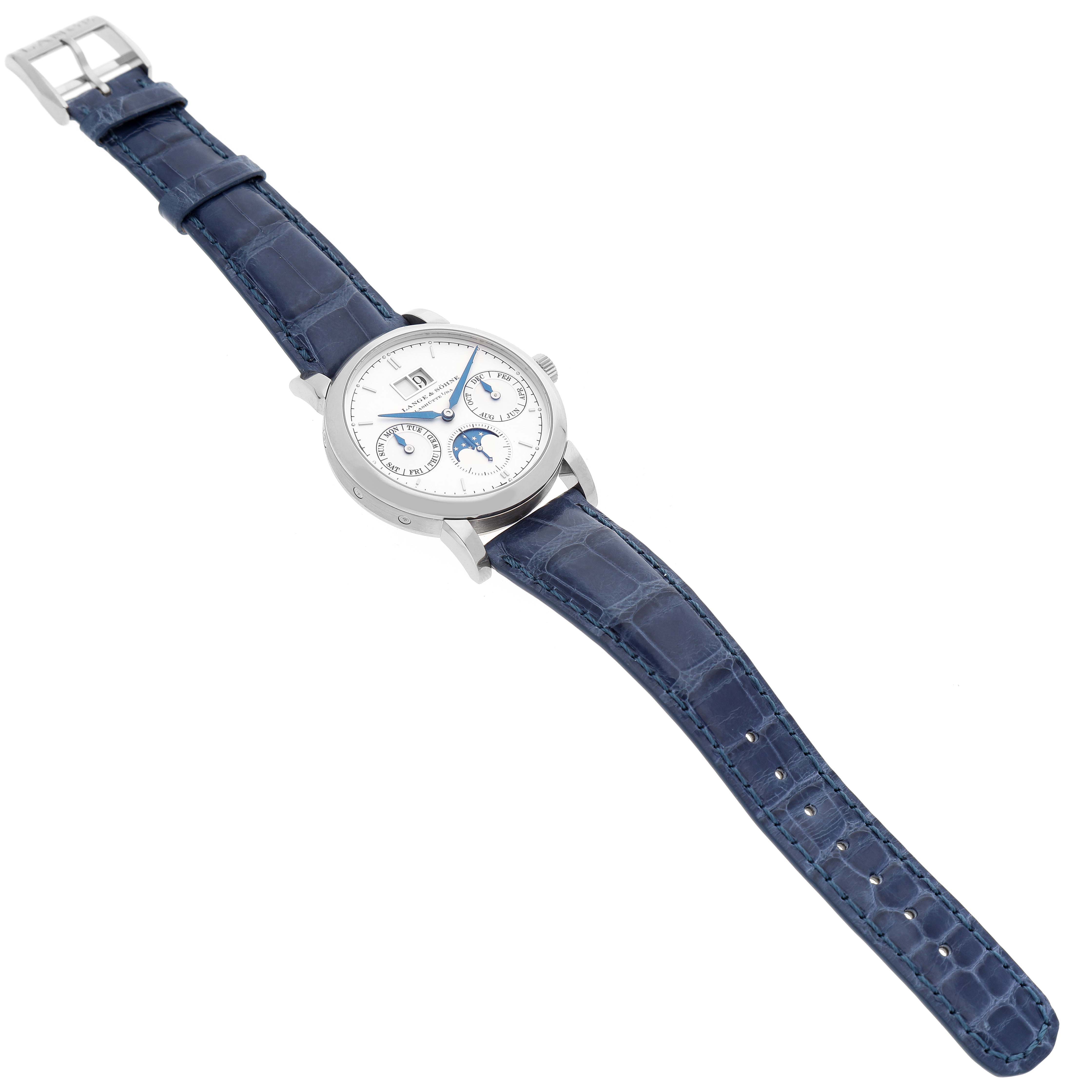 The A. Lange & Sohne Saxonia 330.026 Men's White Gold Silver Dial watch is shown from a top-down angle, highlighting its face and blue leather strap.