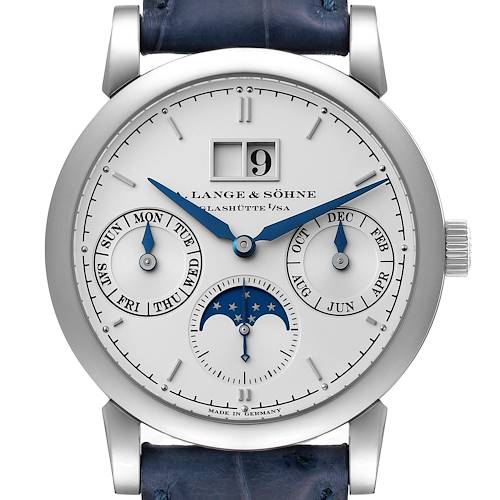 This image shows a front view of the A. Lange & Sohne Saxonia 330.026 Men's White Gold Silver Dial watch, displaying its complications and moon phase.