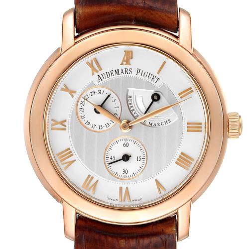 This image shows a Jules model by Audemars Piguet from a front angle, highlighting the watch face, dial, and leather band.