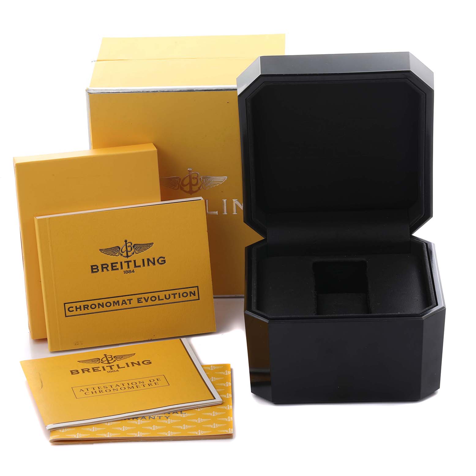 The image shows a Breitling Chronomat C156A19PAC Men's Steel and Gold (two tone) Silver Dial C156A19PAC Men's Steel and Gold (two tone) Silver Dial watch box with open lid, manuals, and a branded outer box from the front angle.