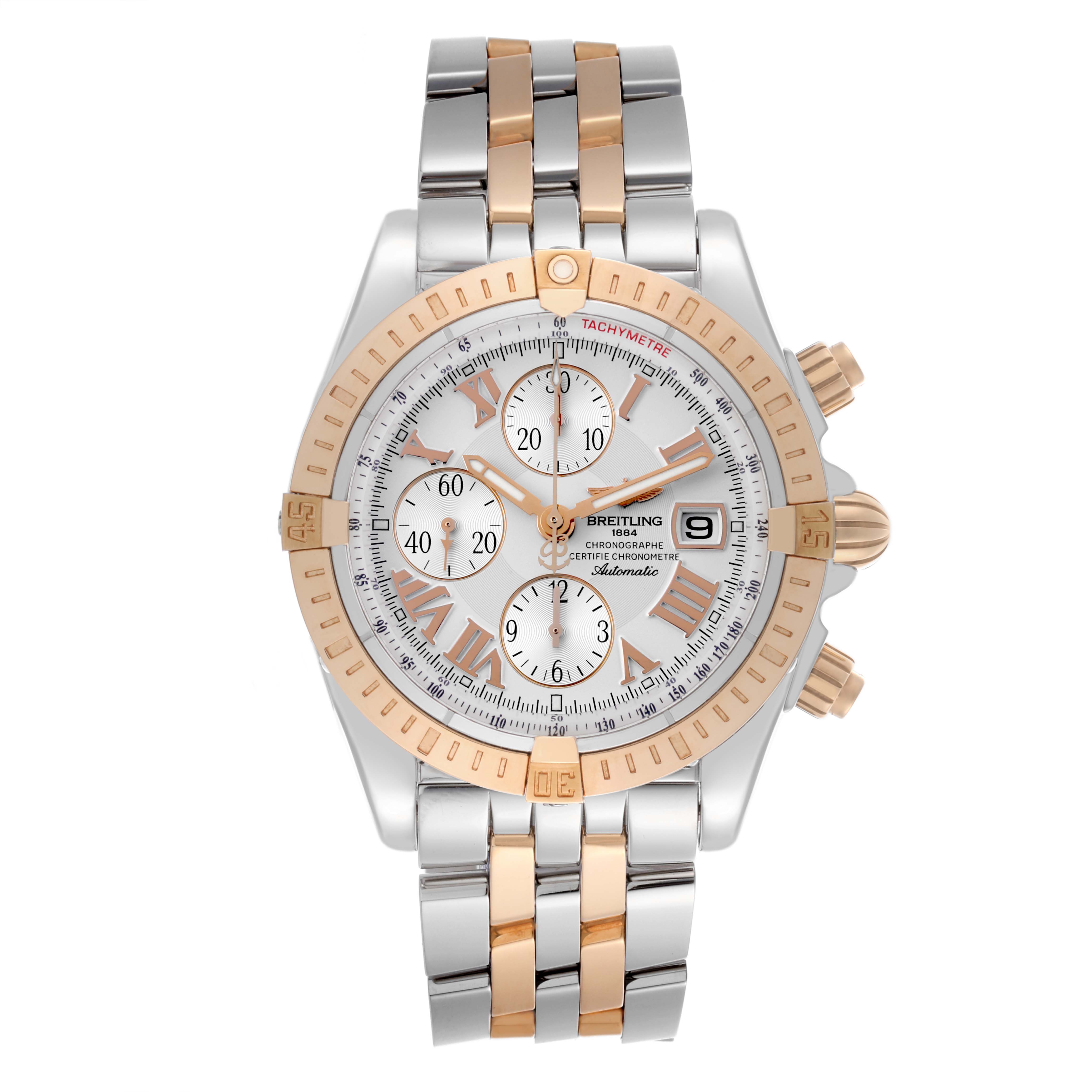 The image shows a front view of a Breitling Chronomat C156A19PAC Men's Steel and Gold (two tone) Silver Dial C156A19PAC Men's Steel and Gold (two tone) Silver Dial watch, highlighting its bezel, dial, sub-dials, and two-tone bracelet.
