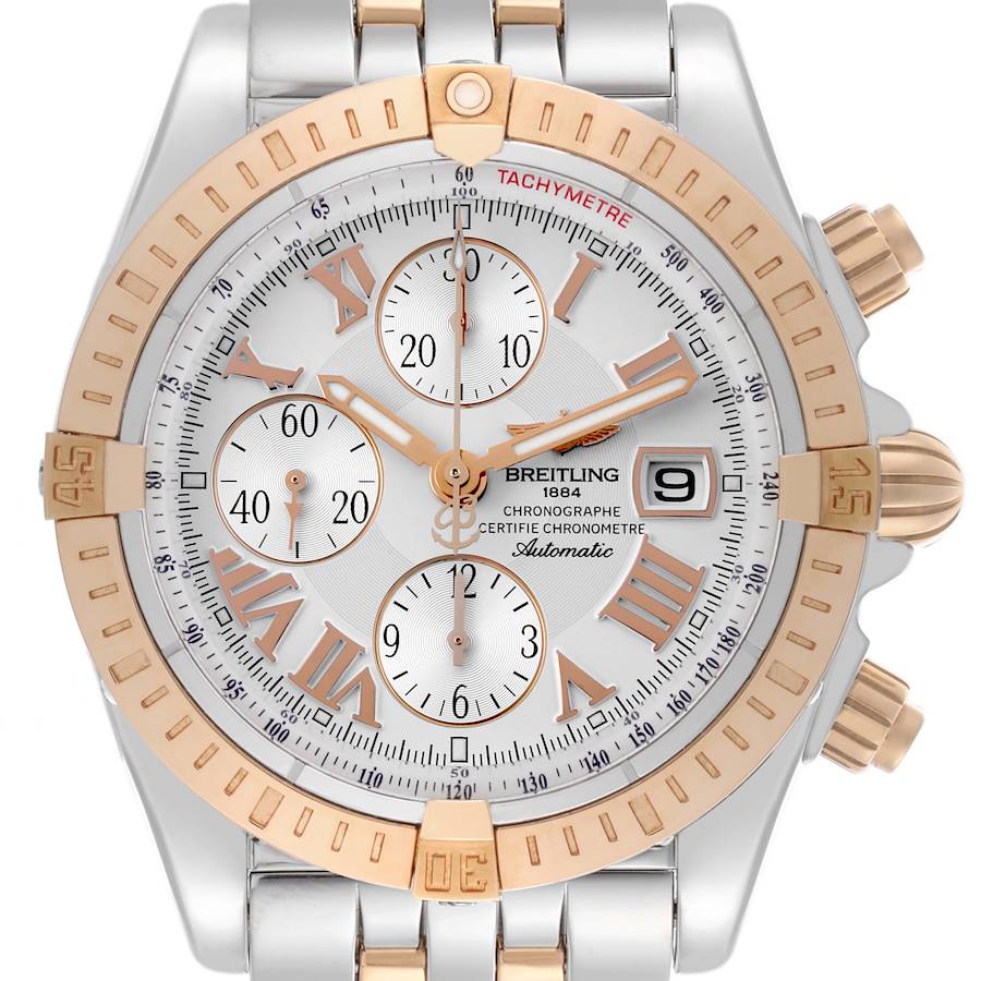 The Breitling Chronomat C156A19PAC Men's Steel and Gold (two tone) Silver Dial C156A19PAC Men's Steel and Gold (two tone) Silver Dial watch is shown from a front angle, highlighting the bezel, dial, and subdials.