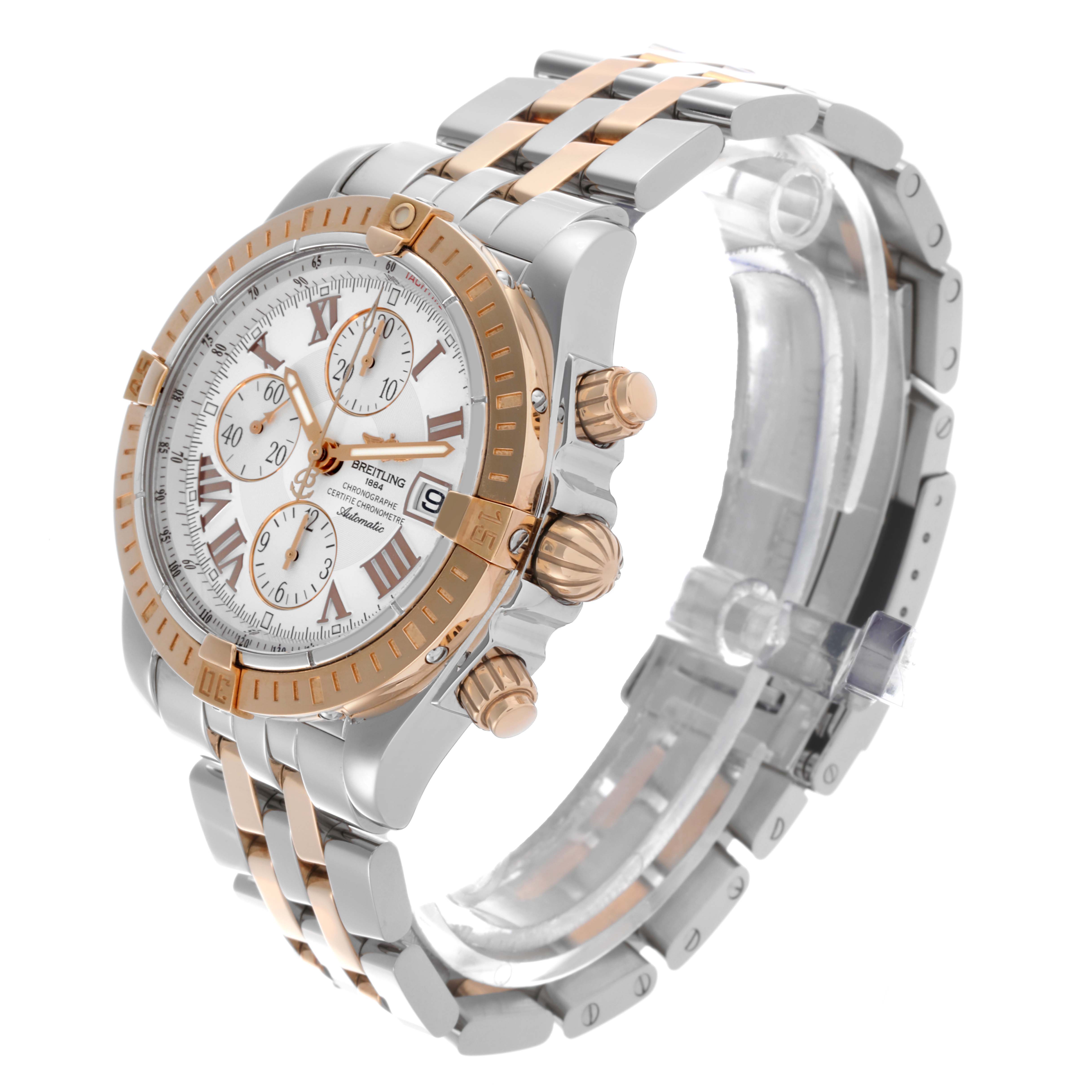 The Breitling Chronomat C156A19PAC Men's Steel and Gold (two tone) Silver Dial C156A19PAC Men's Steel and Gold (two tone) Silver Dial watch is shown at a three-quarter angle, displaying the dial, bezel, crown, and bracelet.