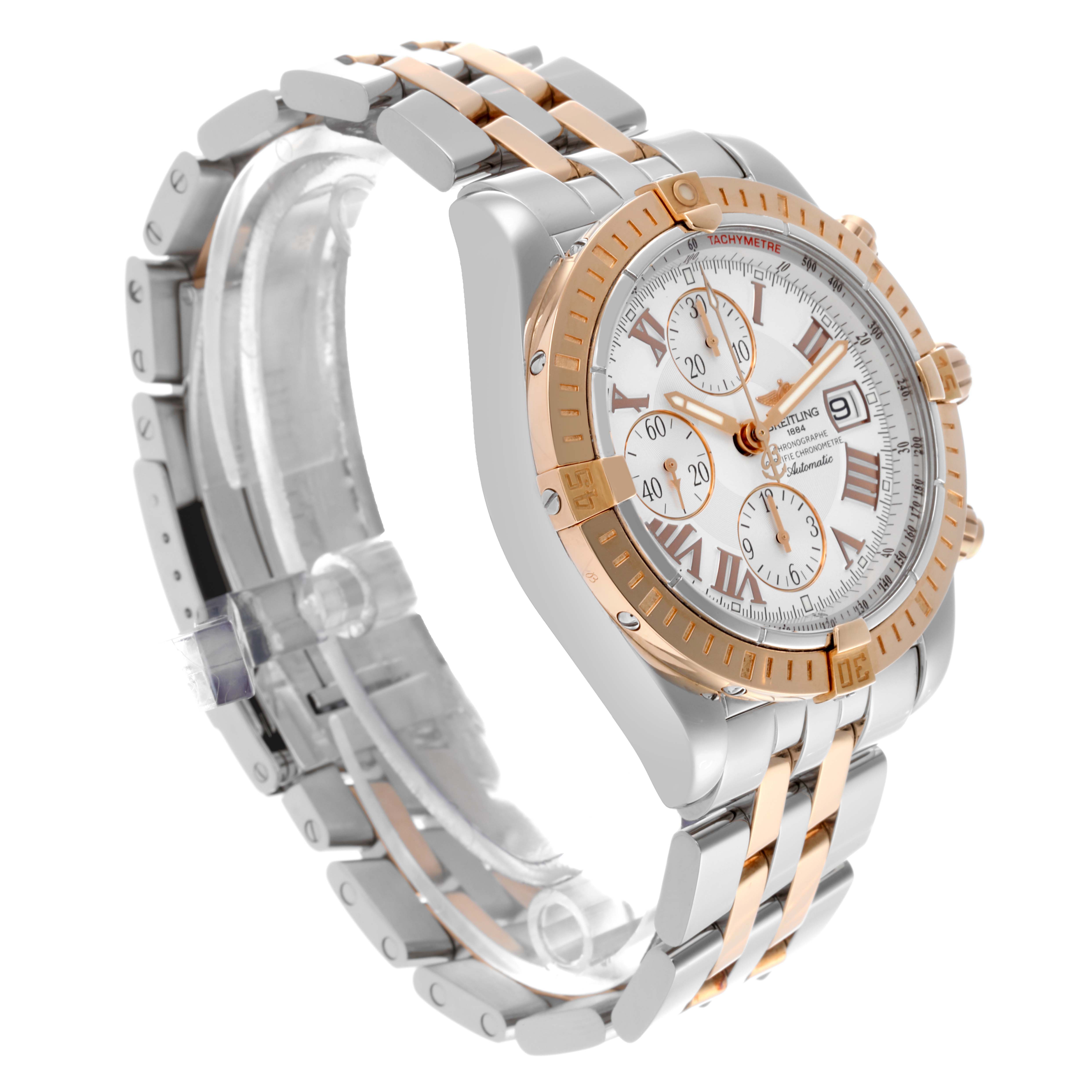 The Breitling Chronomat C156A19PAC Men's Steel and Gold (two tone) Silver Dial C156A19PAC Men's Steel and Gold (two tone) Silver Dial watch is shown at a three-quarter angle, highlighting its bezel, dial, and bracelet.