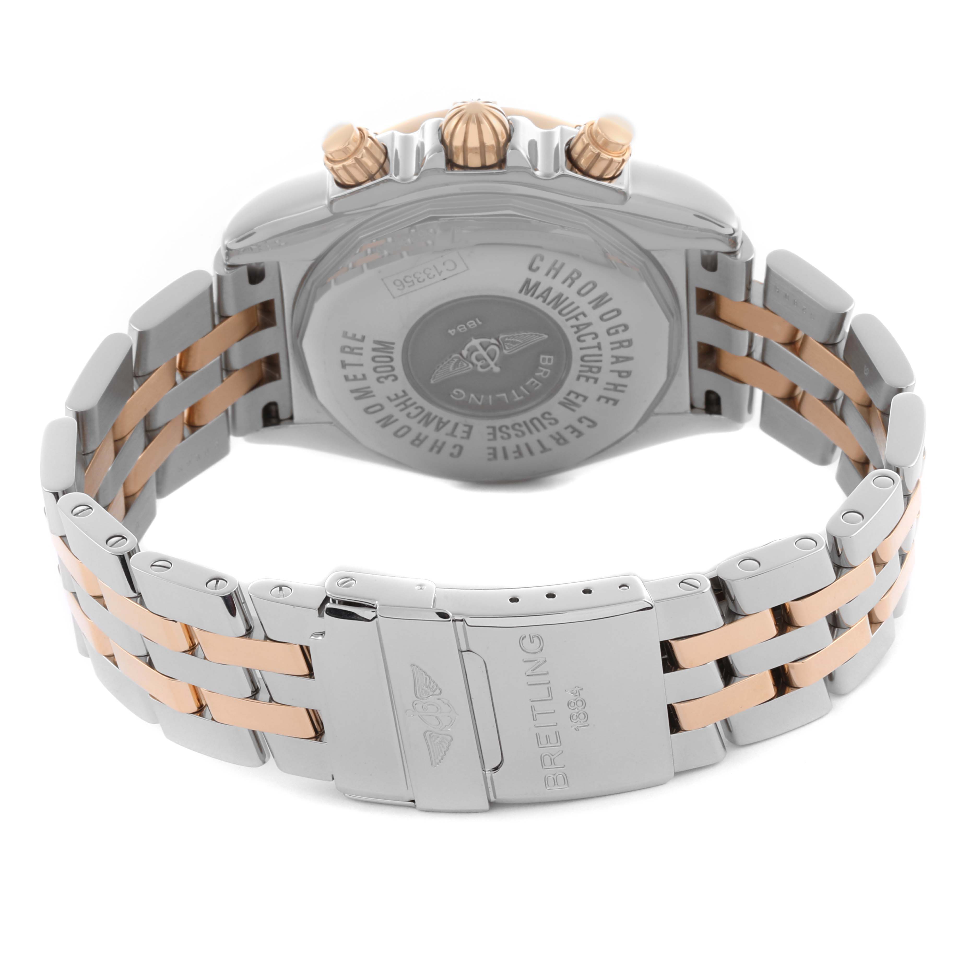 The Breitling Chronomat C156A19PAC Men's Steel and Gold (two tone) Silver Dial C156A19PAC Men's Steel and Gold (two tone) Silver Dial watch is shown from the back angle, highlighting the case back, crown, and two-tone bracelet clasp.
