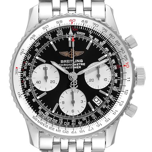 This image shows a frontal view of the Breitling Navitimer A23322 Men's Stainless Steel Black Dial A23322 Men's Stainless Steel Black Dial watch, displaying its dial, subdials, and metal bracelet.