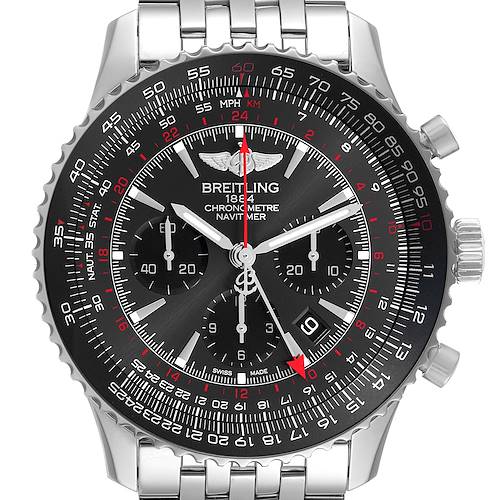 The image shows a front view of a Breitling Navitimer AB04413A-F573-453A Men's Stainless Steel Grey Dial AB04413A-F573-453A Men's Stainless Steel Grey Dial watch, highlighting its dial, bezel, and bracelet.