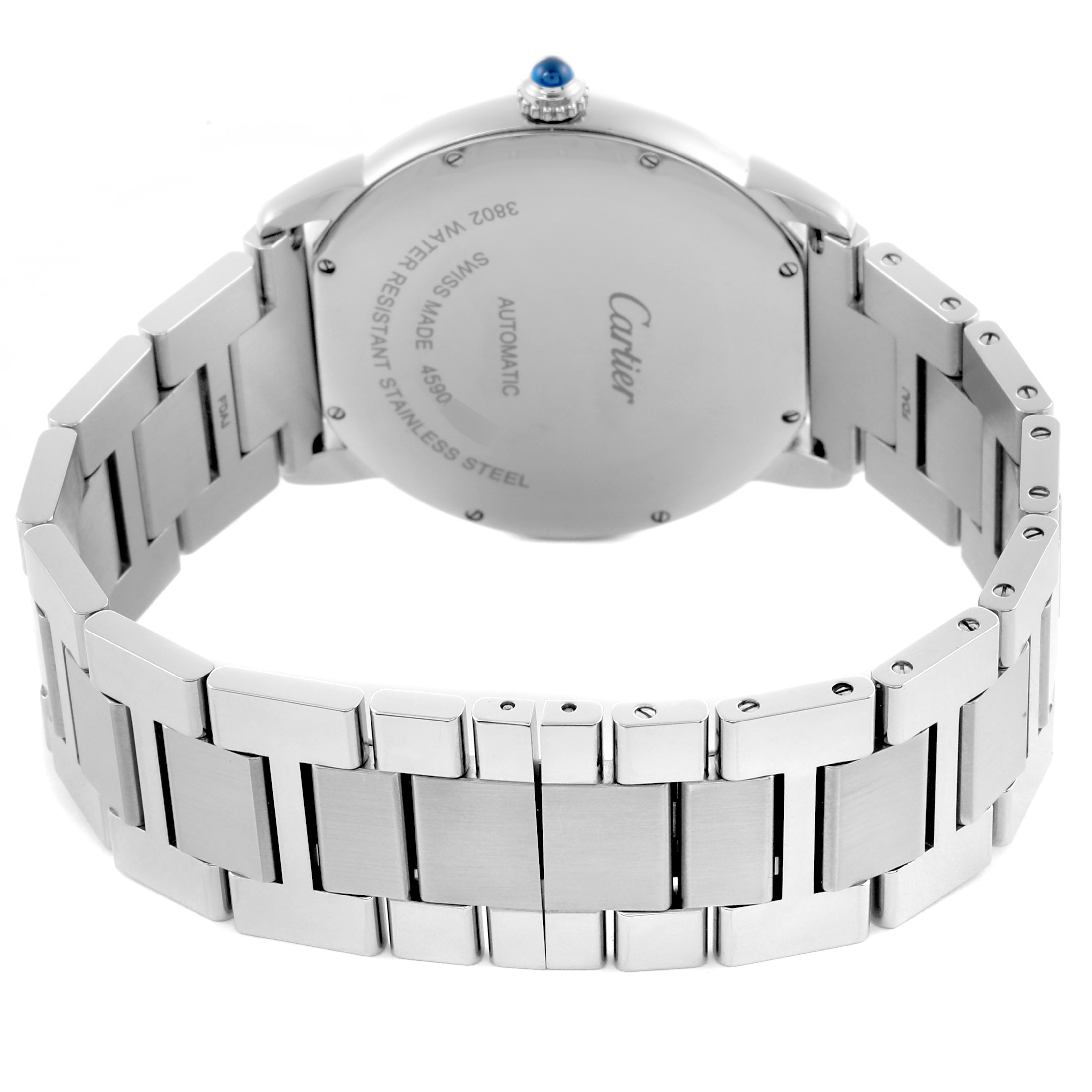 The Cartier Ronde W6701011 Men's Stainless Steel Silver Dial W6701011 Men's Stainless Steel Silver Dial watch is shown from the back, displaying the case back and stainless steel bracelet.