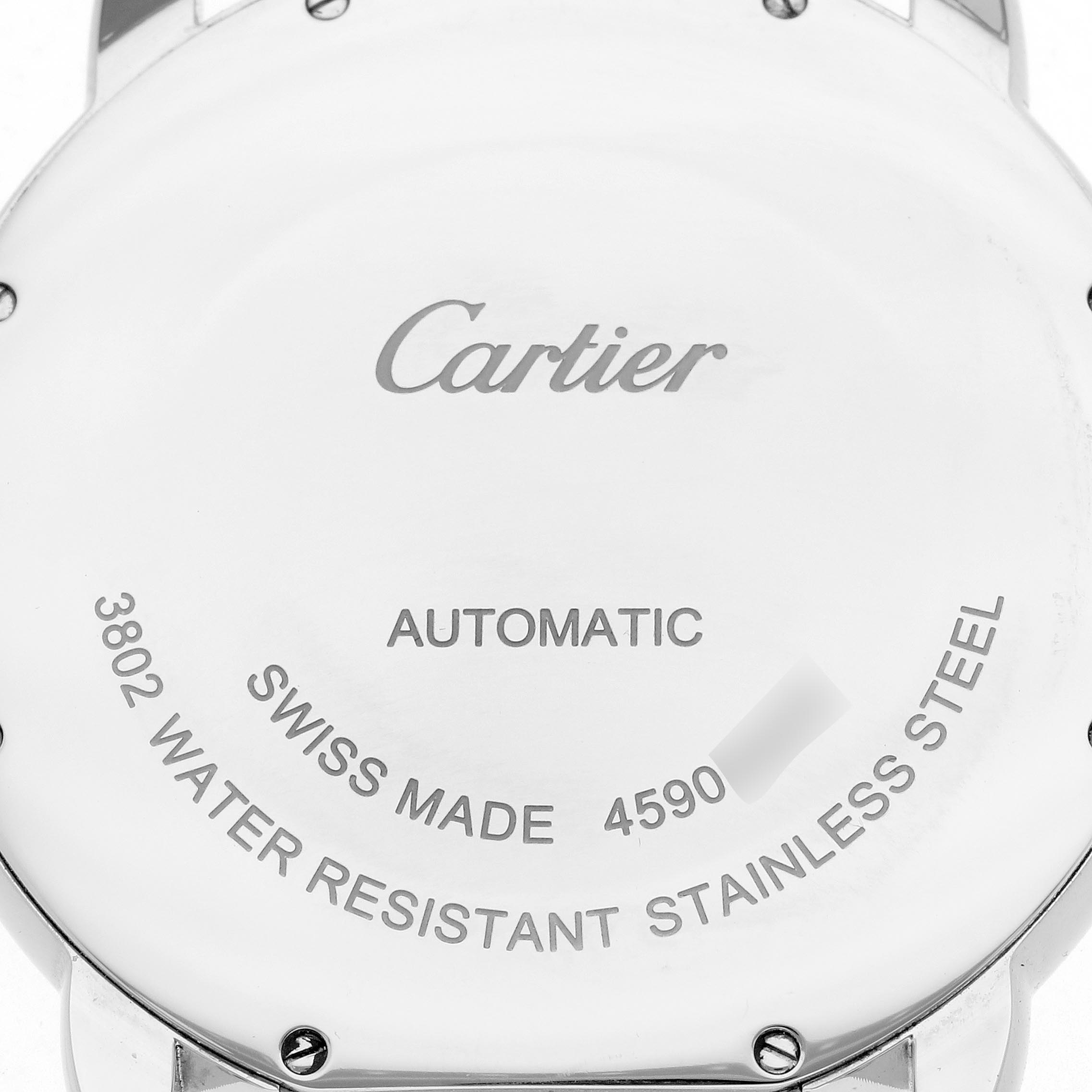 The image shows the back case of the Cartier Ronde W6701011 Men's Stainless Steel Silver Dial W6701011 Men's Stainless Steel Silver Dial watch with branding and specifications engraved.