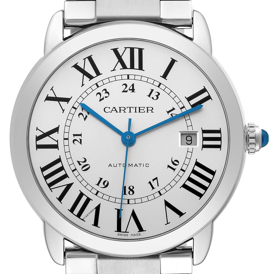 The Cartier Ronde W6701011 Men's Stainless Steel Silver Dial W6701011 Men's Stainless Steel Silver Dial watch is shown from the front, displaying its dial, hands, and bezel with Roman numerals.