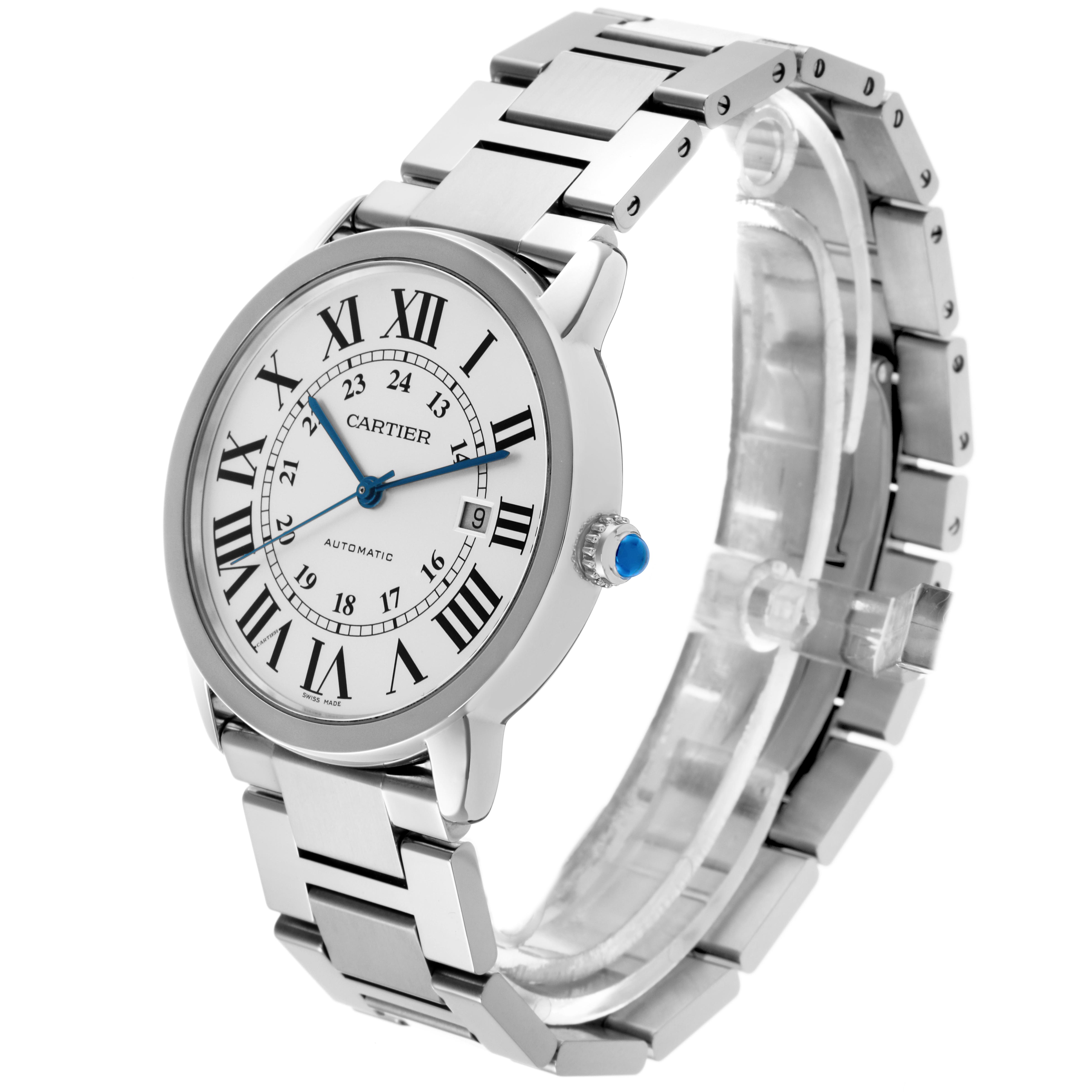 The Cartier Ronde W6701011 Men's Stainless Steel Silver Dial W6701011 Men's Stainless Steel Silver Dial watch is shown at a front angle highlighting the face, bezel, crown, and polished bracelet.