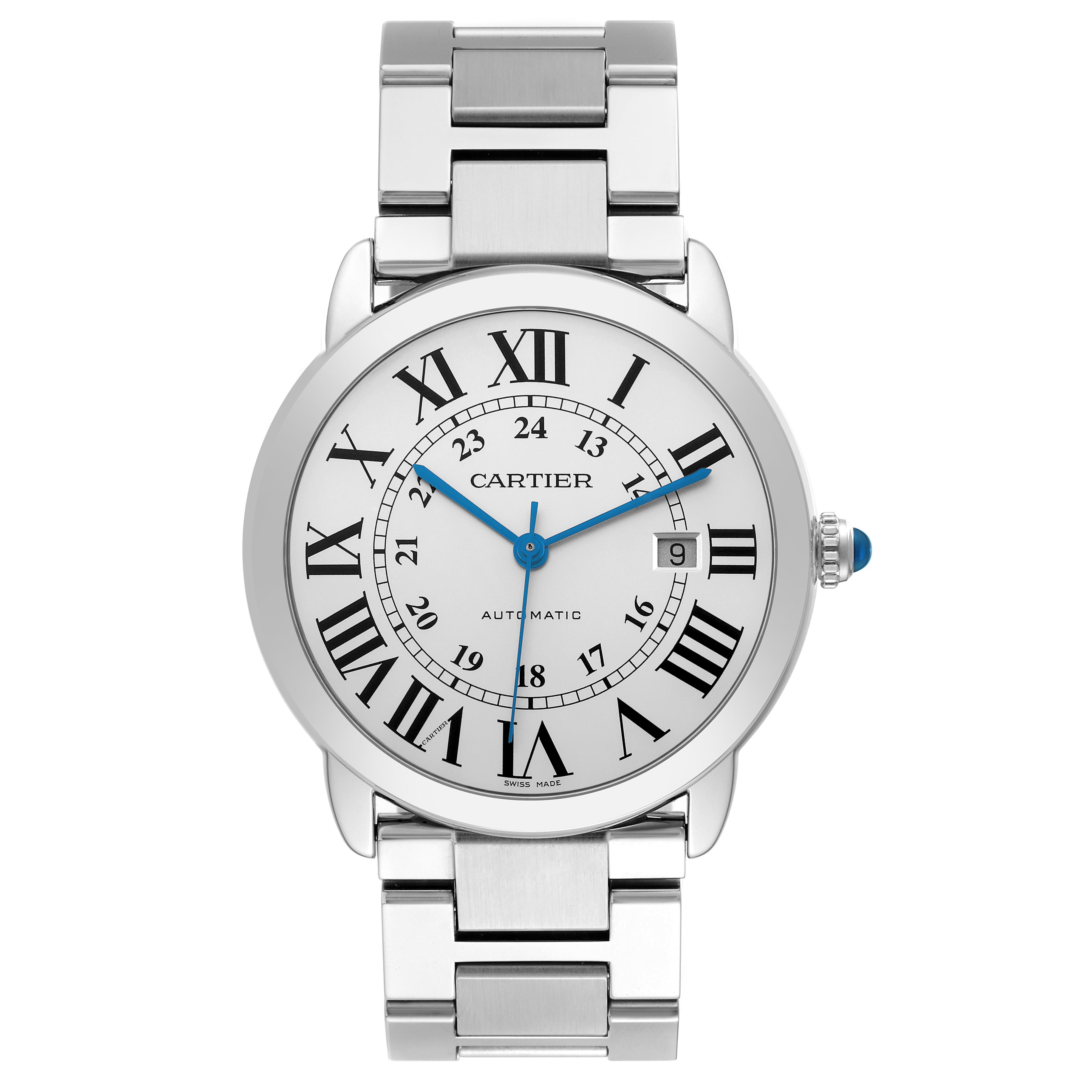 The Cartier Ronde W6701011 Men's Stainless Steel Silver Dial W6701011 Men's Stainless Steel Silver Dial model watch is shown from a front angle, displaying its Roman numeral dial, blue hands, and metal bracelet.